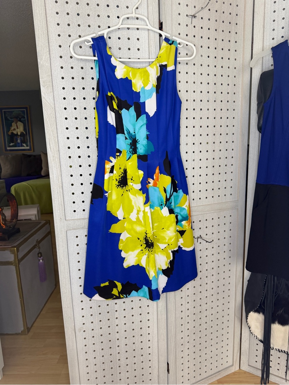 Vince Camuto Royal Blue Floral Sleeveless Fit and FlareDress low v back